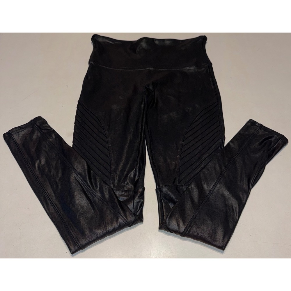 Spanx Faux Leather Moto Leggings Very Black High Waisted Ribbed Detail Womens M